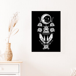 Plakat Mistyczna symetryczna kompozycja z księżycem, dłońmi, kwiatami i okiem