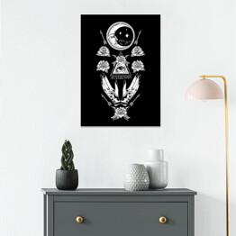 Plakat Mistyczna symetryczna kompozycja z księżycem, dłońmi, kwiatami i okiem