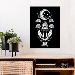 Plakat samoprzylepny Mistyczna symetryczna kompozycja z księżycem, dłońmi, kwiatami i okiem