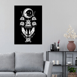 Plakat samoprzylepny Mistyczna symetryczna kompozycja z księżycem, dłońmi, kwiatami i okiem