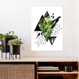 Plakat samoprzylepny Tropikalne zielone liście i geometryczne figury w odcieniach czerni i szarości