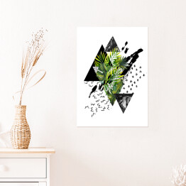 Plakat Tropikalne zielone liście i geometryczne figury w odcieniach czerni i szarości