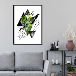 Plakat w ramie Tropikalne zielone liście i geometryczne figury w odcieniach czerni i szarości