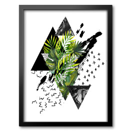 Obraz w ramie Tropikalne zielone liście i geometryczne figury w odcieniach czerni i szarości
