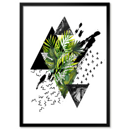 Plakat w ramie Tropikalne zielone liście i geometryczne figury w odcieniach czerni i szarości