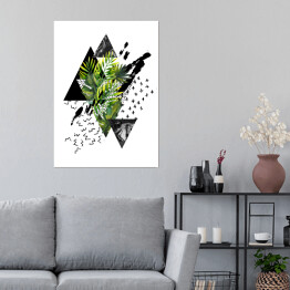 Plakat samoprzylepny Tropikalne zielone liście i geometryczne figury w odcieniach czerni i szarości