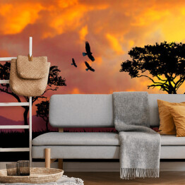 Fototapeta winylowa zmywalna Ilustracja jasny zachód słońca w Afryce, safari z dzikich zwierząt żyrafy i słonie na tle zachodu słońca w sawannie