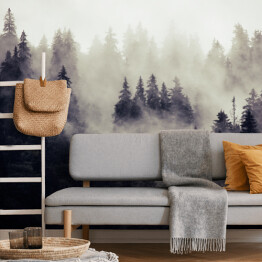 Fototapeta winylowa zmywalna Mglisty krajobraz z lasem jodłowym w stylu hipster vintage retro