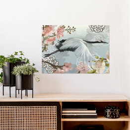 Plakat Żuraw lecący wśród kwiatów