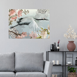 Plakat Żuraw lecący wśród kwiatów
