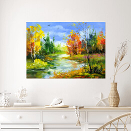 Plakat samoprzylepny Jesienny krajobraz z leśną rzeką