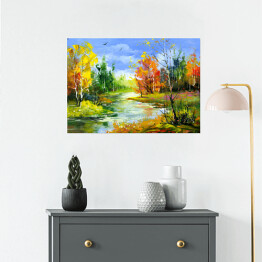 Plakat samoprzylepny Jesienny krajobraz z leśną rzeką