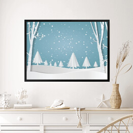 Las zimą, błękitno biała ilustracja
