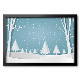 Obraz w ramie Las zimą, błękitno biała ilustracja