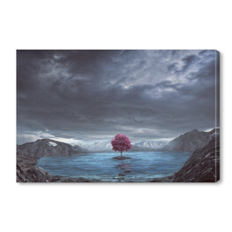 Obraz na płótnie Samotne drzewo na jeziorze wśród gór
