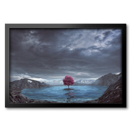 Obraz w ramie Samotne drzewo na jeziorze wśród gór