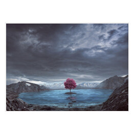 Plakat samoprzylepny Samotne drzewo na jeziorze wśród gór