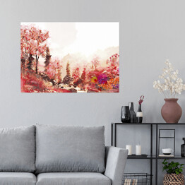 Plakat samoprzylepny Jesienny pejzaż w ciepłych barwach wykonany akwarelą