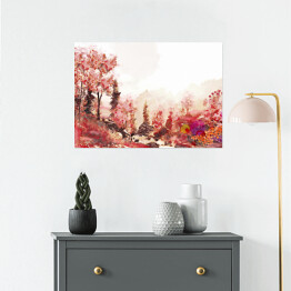 Plakat Jesienny pejzaż w ciepłych barwach wykonany akwarelą