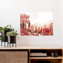 Plakat samoprzylepny Jesienny pejzaż w ciepłych barwach wykonany akwarelą