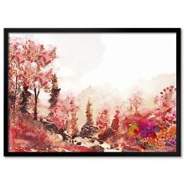 Plakat w ramie Jesienny pejzaż w ciepłych barwach wykonany akwarelą