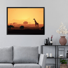 Obraz w ramie Zwierzęta Afryki na tle zachodzącego słońca