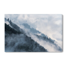 Obraz na płótnie Stroma góra porośnięta lasem we mgle