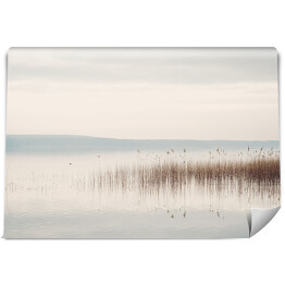 Fototapeta samoprzylepna Tafla jeziora we mgle ze wzgórzem w oddali