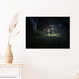Plakat w ramie Jeleń wśród świetlików w lesie nocą 