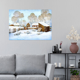 Plakat Wioska zimą na tle drzew