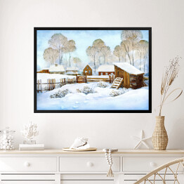 Obraz w ramie Wioska zimą na tle drzew