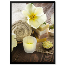 Plakat w ramie Zabiegi spa - kwiat, ręcznik i świece