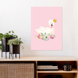 Plakat samoprzylepny Łabędź w koronie wśród kwiatów