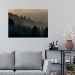 Plakat samoprzylepny Wiecznie zielone drzewa w górach we mgle