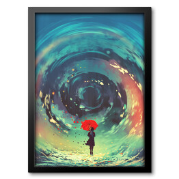 Obraz w ramie Kobieta z czerwoną parasolką na tle barwnych okręgów