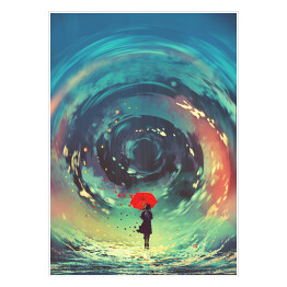 Plakat samoprzylepny Kobieta z czerwoną parasolką na tle barwnych okręgów