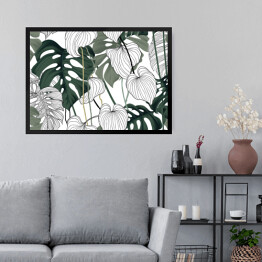Obraz w ramie Czarne i białe tropikalne liście