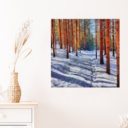 Plakat samoprzylepny Ścieżka prowadząca przez las pokryta śniegiem