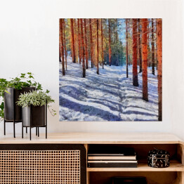 Plakat samoprzylepny Ścieżka prowadząca przez las pokryta śniegiem
