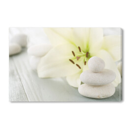 Obraz na płótnie Zabiegi spa - kwiat i jasne kamienie do masażu