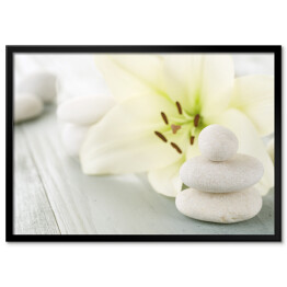 Plakat w ramie Zabiegi spa - kwiat i jasne kamienie do masażu