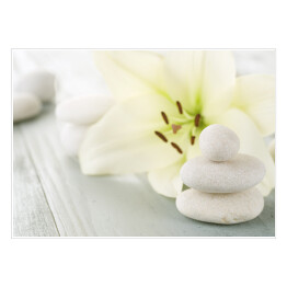 Plakat samoprzylepny Zabiegi spa - kwiat i jasne kamienie do masażu