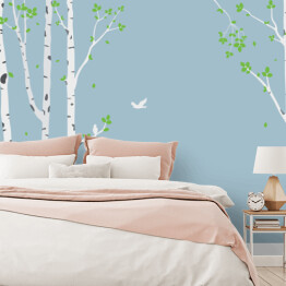 Fototapeta winylowa zmywalna Wysokie drzewa i małe białe ptaki - ilustracja