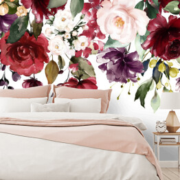 Fototapeta samoprzylepna Akwarela - czerwone, kremowe i fioletowe róże