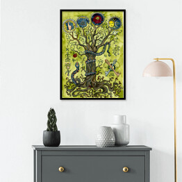 Plakat w ramie Religious concept with knowledge tree, snake, apple, key and mysterious symbols. Occult and esoteric colorful illustration, mysterious gothic background