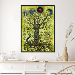 Religious concept with knowledge tree, snake, apple, key and mysterious symbols. Occult and esoteric colorful illustration, mysterious gothic background