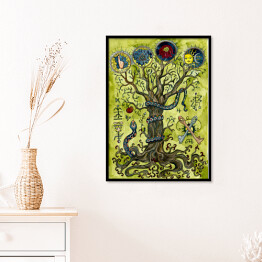 Plakat w ramie Religious concept with knowledge tree, snake, apple, key and mysterious symbols. Occult and esoteric colorful illustration, mysterious gothic background