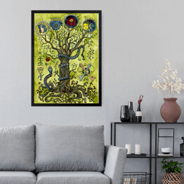 Religious concept with knowledge tree, snake, apple, key and mysterious symbols. Occult and esoteric colorful illustration, mysterious gothic background