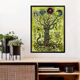 Obraz w ramie Religious concept with knowledge tree, snake, apple, key and mysterious symbols. Occult and esoteric colorful illustration, mysterious gothic background