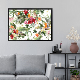 Obraz w ramie Tropikalne kwiaty wśród liści palmowych na białym tle